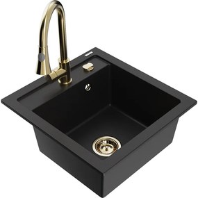 Mexen Vito, 1-komorový granitový drez 490x520x210 mm a drezová batéria Elia, čierna, 6503-77-670101-50