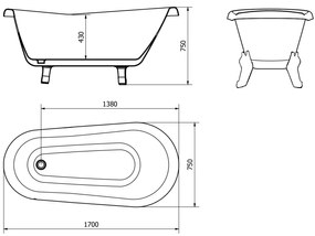Mexen Retro, voľne stojaca vaňa 170 x 75 cm, biela, biele nohy, 53251707500-20