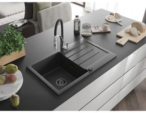 Mexen Bruno, 1-komorový granitový drez 795x495x200 mm a drezová batéria Aster, čierna škvrnitá, 6513-76-73450-07-B