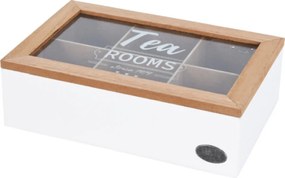 Koop Dóza na čaj so šiestimi priehradkami, biela s dreveným vekom