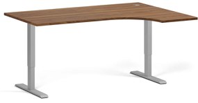 Rohový výškovo nastaviteľný stôl, 160x120 cm, 2 motory, L/P, sivá podnož, orech