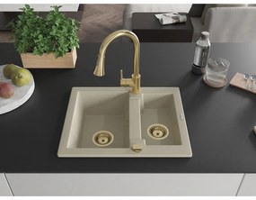 Mexen Carlos, 1,5-komorový granitový drez 582x475x177 mm a drezová batéria Elia, béžová, 6518-69-670101-50