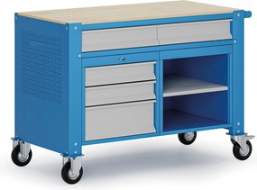 Pojazdný dielenský stôl G9, 1 polica, 5 zásuviek, 1180 x 595 x 865-1130 mm, sivá/modrá