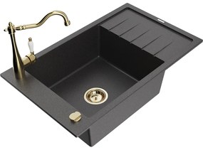 Mexen Elias, granitový drez 795x480x200 mm, 1-komorový a drezová batéria Carla, čierna škvrnitá, 6511-76-670700-50
