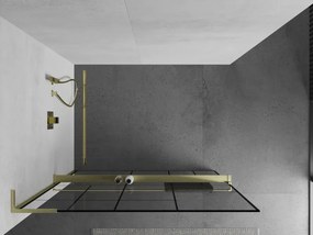 Mexen Kioto+ L, sprchová zástena Walk-In s poličkou a vešiakom 70 x 200 cm, 8mm číre sklo čierny vzor, zlatý matný profil, 800-070-123-55-78