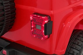 Ramiz Jeep Wrangler Rubicon na batérie pre deti červený + diaľkové ovládanie + rádio MP3 LED + kolesá EVA