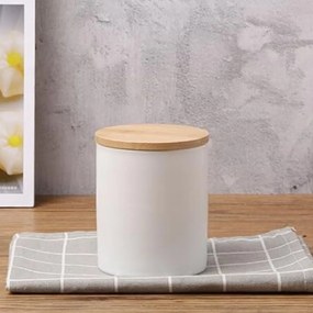Dóza na potraviny, plechová, biela, s bambusovým vrchnákom - 2,3l
