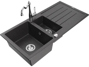 Mexen Andres, granitový drez 1000x500x200 mm, 1,5-komorový a drezová batéria Carla, čierna škvrnitá, 6515-76-670700-00