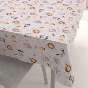 Biante Detský bavlnený obdĺžnikový obrus Sandra SA-658 Africké zvieratká na ružových obláčikoch na bielom 120x200 cm