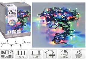 LED Vianočná vonkajšia reťaz farebná, 96x LED, 7 m, na batérie 3x AA, časovač, 7 m