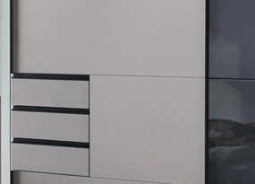 Šatníková skriňa so zásuvkami Tilburg, 225 cm, šedá sahara/čierne sklo