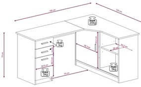 Písací stôl s policou a zásuvkami ROBERTO ľavý dub artisan/biela