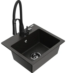 Mexen Milo, 1-komorový granitový drez 435x410x171 mm a drezová batéria Aster, čierna-zlatá metalíza, 6505-75-73450-70-B