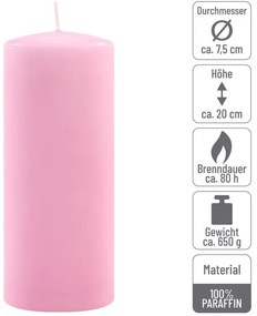 Sada stĺpových sviečok, 20 cm, Ø 7,5 cm, ružová, 4 ks