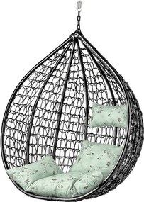 Čierne závesné kreslo KOKON bez stojanu, svetlozelený vankúš so vzorom