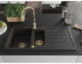 Mexen Andres, 1,5-komorový granitový drez 1000x500x200 mm a drezová batéria Savita, čierna-zlatá metalíza, 6515-75-672601-50
