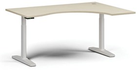 Výškovo nastaviteľný stôl, elektrický, 675-1325 mm, ergonomický pravý, doska 1600x1200 mm, biela podnož, buk