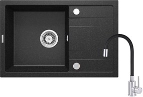 Deante Corio, granitový drez na dosku 670x440x175 mm + drezová batéria s flexi ramenom chrómová-čierna + 3,5" + priestorovo úsporný sifón, 1-komorový, grafitová, ZRCP2113