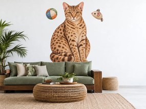 Mačka ocicat s loptičkou a myškou škvrnité mačacie nálepky na stenu do obývačky arch 30 x 46 cm