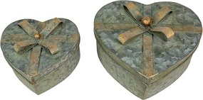2ks dekoračné antik plechové boxy srdca s mašľami - 24*22*14 / 18*16*11 cm