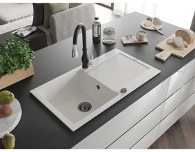 Mexen Leo, 1-komorový granitový drez 900x500x190 mm a drezová batéria Savita, biela, 6501-20-672601-70