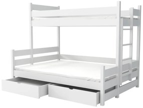 Detská poschodová posteľ z masívu borovice s rozšíreným spodným lôžkom BERTA so šuplíkmi - 200x90/140 cm - BIELA