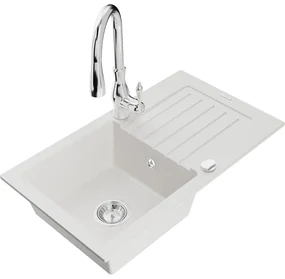 Mexen Pablo, 1-komorový granitový drez 752x436x161 mm a drezová batéria Savita, biela, 6510-20-672601-00