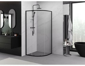 Mexen Exo, štvrťkruhový sprchovací kút s posuvnými dverami 90 x 90 cm, 6mm číre sklo, čierny profil, 8131-090-090-70-00