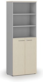 Kombinovaná kancelárska skriňa PRIMO GRAY, dvere na 3 poschodia, 800 x 420 x 2128 mm, sivá/breza