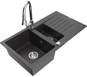 Mexen Matias, 1,5-komorový granitový drez 900x505x200 mm a drezová batéria Elia, čierna škvrnitá, 6502-76-670101-00