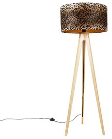 Moderná stojanová lampa z dreveného textilného leopardieho tienidla 50 cm - Tripod Classic