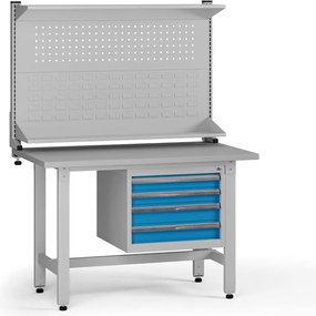 Výškovo nastaviteľný dielenský stôl G5 s nadstavbou, 1200 x 750 x 800-1000 mm, 1x kontajner, 4 zásuvky, modrá