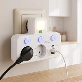 Toolight Toolight, JNH017, zásuvkový rozbočovač 2 zásuvky + 2× USB-A + USB-C s LED svetlom, biela, OSW-56309