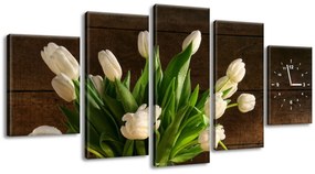 Gario Obraz s hodinami Očarujúce biele tulipány - 5 dielny Rozmery: 150 x 70 cm
