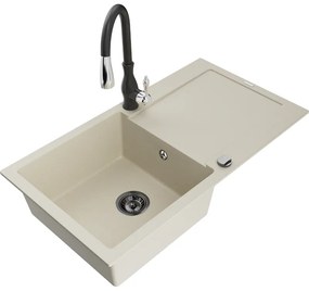 Mexen Leo, 1-komorový granitový drez 900x500x190 mm a drezová batéria Savita, béžová, 6501-69-672601-70