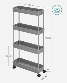 4-úrovňový úzky úložný vozík, regál na kolieskach, sivý