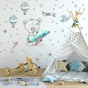 Nálepky na stenu pre chlapcov - Medvedík s lietadlom a balónmi