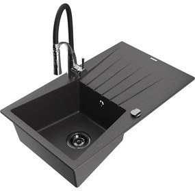 Mexen Cesar, 1-komorový granitový drez 775x470x190 mm a drezová batéria Aster, čierna škvrnitá, 6514-76-73450-07-B