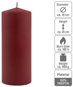 Sada stĺpových sviečok, 25 cm, Ø 10 cm, vínová, 4 ks