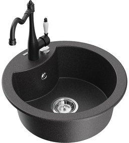 Mexen Diego, granitový drez 488x488x167 mm, 1-komorový a drezová batéria Carla, čierna škvrnitá, 6512-76-670700-70