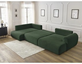 Tmavozelená menčestrová rozkladacia/s úložným priestorom rohová pohovka (ľavý roh/do tvaru "U") Lucien – Bobochic Paris