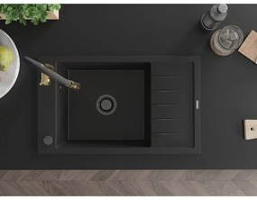 Mexen Elias, 1-komorový granitový drez 795x480x200 mm a drezová batéria Aster, čierna, 6511-77-73450-57-B