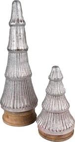 Strieborný dekoračný sklenený stromček na drevenom podstavci - Ø 13*24 cm