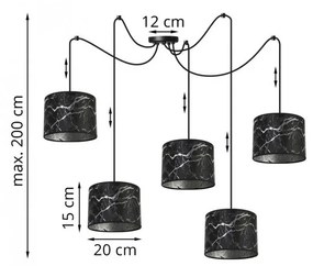 Závesné svietidlo Werona Spider, 5x čierne textilné tienidlo so vzorom, s