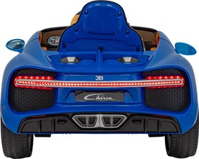 Ramiz Bugatti Chiron batérie pre deti Modrá + Diaľkové ovládanie + Nosič batožiny + EVA + Tlmiče + LED Audio