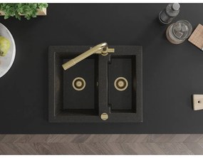 Mexen Carlos, 1,5-komorový granitový drez 582x475x177 mm a drezová batéria Duero, čierna-zlatá metalíza, 6518-75-671600-50