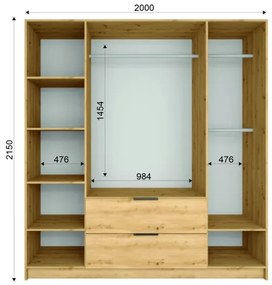 Šatníková skriňa so zrkadlom VISTA 200x215 cm dub artisan/grafit