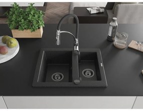 Mexen Carlos, 1,5-komorový granitový drez 582x475x177 mm a drezová batéria Aster, čierna-strieborná metalíza, 6518-73-73450-07-B