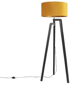 Stojaca lampa trojnožka čierna so žltým tienidlom a zlatom 50 cm - Puros