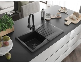 Mexen Cesar, 1-komorový granitový drez 775x470x190 mm a drezová batéria Elia, čierna, 6514-77-670101-70-B